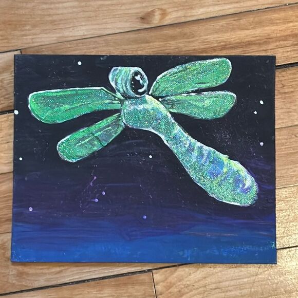 Original Acrylic Painting with Glitter- Dragonfly Flying Night Sky 8x10 - Picture 1 of 6